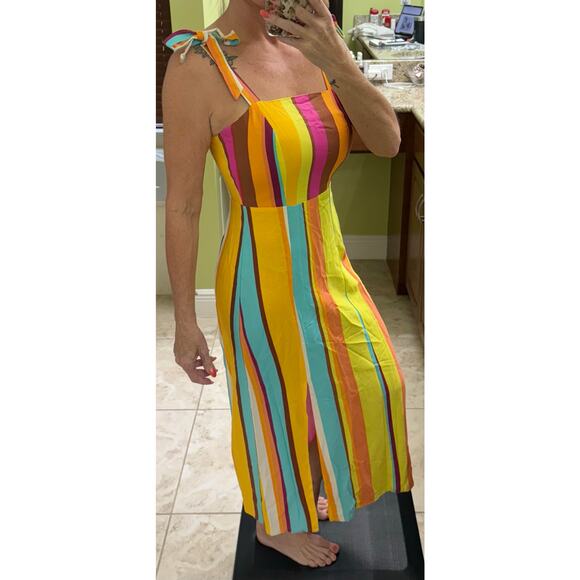 Gianni Bini linen striped midi dress yellow pink turquoise small NWT - Picture 2 of 8